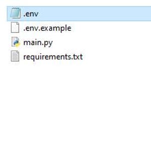 May include: A computer file directory list containing four items: a file named .env highlighted in blue, a file named .env.example, a Python script file named main.py with a yellow icon, and a text file named requirements.txt.