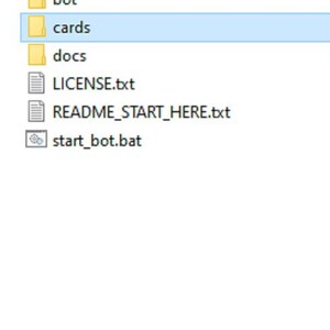 May include: A digital file directory list featuring three yellow folder icons labelled bot, cards, and docs. Below these are three file icons labelled LICENSE.txt, README_START_HERE.txt, and start_bot.bat, with the cards folder highlighted in blue.