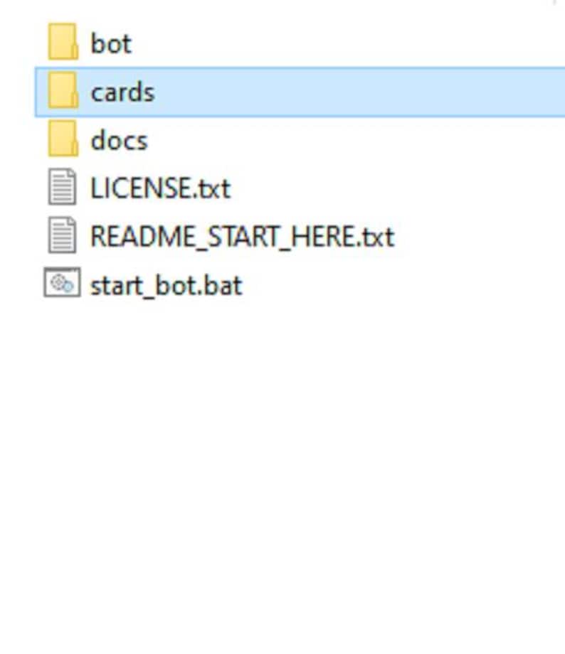 May include: A digital file directory list featuring three yellow folder icons labelled bot, cards, and docs. Below these are three file icons labelled LICENSE.txt, README_START_HERE.txt, and start_bot.bat, with the cards folder highlighted in blue.