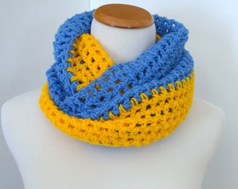 Long Crocheted Cowl Neck Warmer Scarf Infinity Scarf Blue and Gold