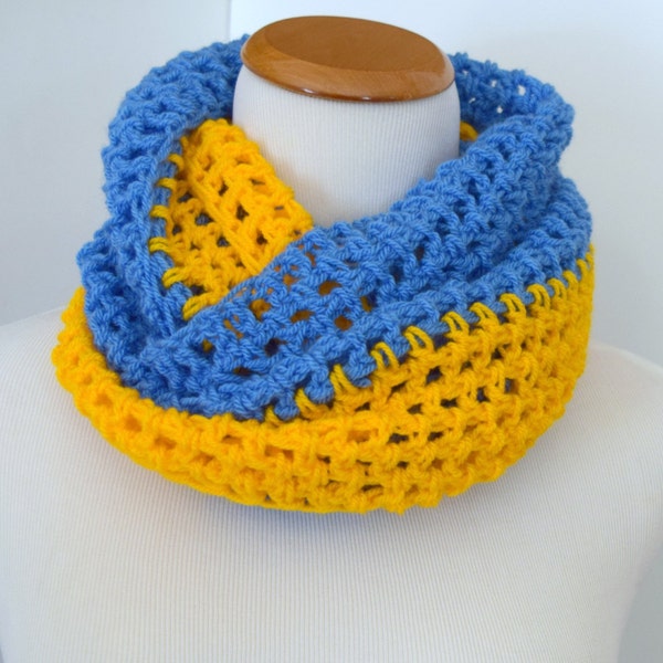 Long Crocheted Cowl Neck Warmer Scarf Infinity Scarf Blue and Gold