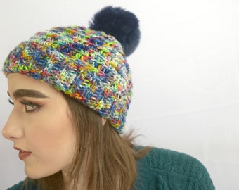 Pom Pom Hat, Crochet Hat With Pom Pom, Crochet Beanie with Fur Pom Pom, Rainbow Hat, Unisex Hat