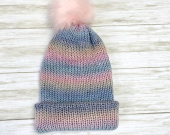 Pom Pom Hat, Striped Hat, PomPom Beanie, Knit Hat