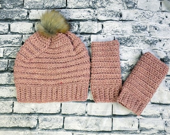 Hat and Glove Set, Winter Set, Beanie and Fingerless Glove Set