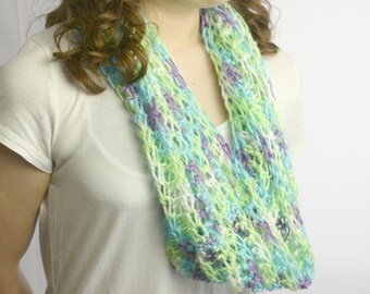 Crocheted Cowl - Shawl - Neck Warmer - Blue Green Purple and White