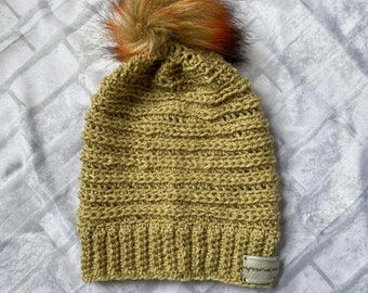 Slouchy Beanie, Pom Pom Hat, Crocheted Hat, Chunky Crochet Hat