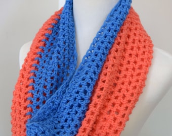 Crocheted Cowl Shawl Neck Warmer Salmon and Blue