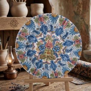 May include: A round ceramic plate featuring a detailed hand-painted floral pattern in shades of blue, pink, green, and yellow. The design includes intricate blue lattice work, stylized flower motifs, and a central floral arrangement on a white base.