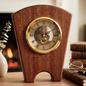 May include: A mantel clock with a brown wood grain frame and a gold-toned circular face. The clock features black Roman numerals, black hands, and a visible internal gear mechanism. The base has a curved cutout design, and the top is arched.