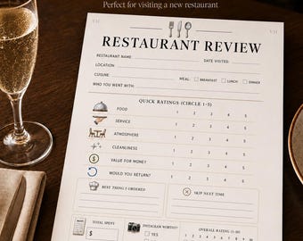 Restaurant Review Printable - Dining Journal & Food Rating Tracker | Digital Download