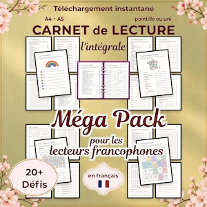 Puede incluir: Un mega paquete de diario de lectura digital para lectores francófonos, con páginas imprimibles A4 y A5 que incluyen varios desafíos de lectura, rastreadores y listas. El diseño presenta un gráfico central de una carpeta abierta y plantillas.