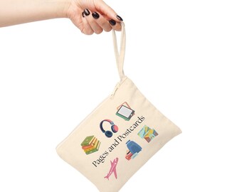 Canvas-Reißverschlusstasche „Seiten und Postkarten“ | Reisetasche für Bücherliebhaber | Geschenk für Leseratten | Kosmetiktasche für Bücherwürmer | Reise-Organizer-Handgelenktasche