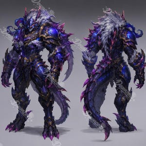 May include: A digital character design sheet featuring a bipedal creature in dark blue and purple armored plating with gold accents. The creature has a long tail, sharp claws, and a white mane, shown from front and back views with two head close-ups.