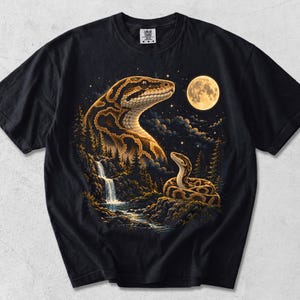 Snake Moon T-Shirt, Vintage 90s Python Graphic Tee, Celestial Forest Waterfall Print, Retro Wildlife Art, Gift for Reptile Lovers and Owners