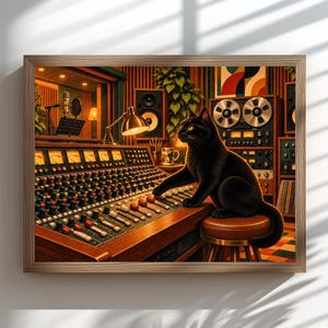 Retro Black Cat DJ Wall Art, Vintage Recording Studio Print, Music Room Decor, Audio Engineer Gift, Sound Mixer Cat Art, 70s Music Studio Po