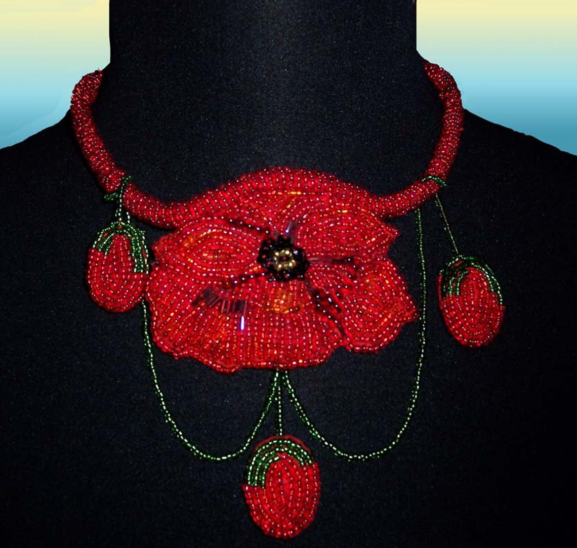 Poppy Bead Embroidered Necklace Etsy