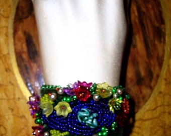 Green Frog on Pond  - Beaded Velvet Cuff Bracelet