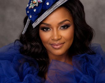 This royal blue rhinestone half church hat is suitable for church and special occasions