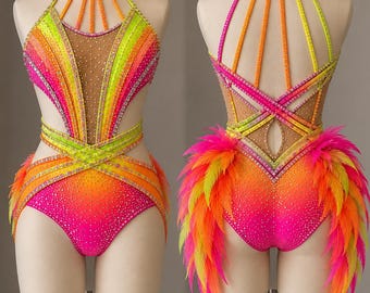 Custom Jazz Costume One Piece Solo Duo Trio Leotard Neon - Feathers Added