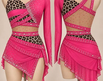 Jazz Lyrical/Contemporary Dance Costume Lacy Rhinestone Custom Costume Jazz Fully Embellished - Hot Pink Leopard Print, Fast Shipping