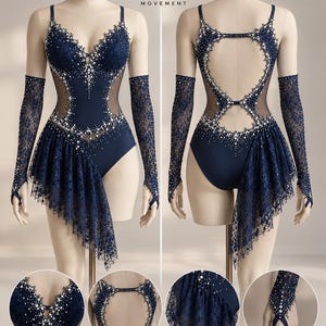 May include: A navy blue leotard featuring intricate lace overlays, sheer mesh panels, and scattered white pearl embellishments. The garment includes a side-draped lace skirt, matching lace sleeves with finger loops, and a deep open-back design.