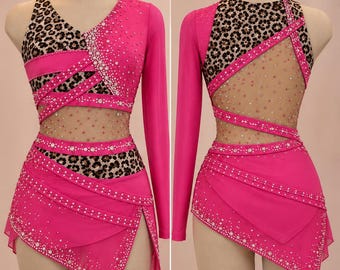 Jazz Lyrical/Contemporary Dance Costume Lacy Rhinestone Custom Costume Jazz Fully Embellished - Hot Pink Leopard Print, Fast Shipping