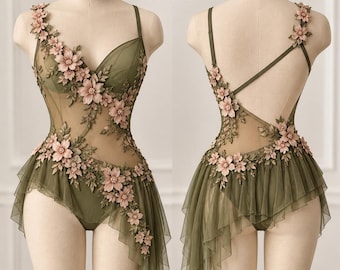 Lyrical/Contemporary Dance Costume Lacy Rhinestone Custom Costume Jazz - Olive with Blush Floral Applique, Fast Shipping