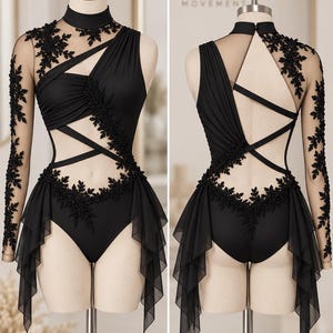 May include: A black leotard featuring a high mock neck, long sheer sleeves with floral lace appliqués, and a cutout bodice with crisscross straps. The garment includes a draped side panel and a sheer back with a keyhole opening and lace details.