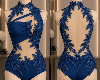 Lyrical/Contemporary Dance Costume Lacy Rhinestone Custom Costume Jazz - Full Custom Marine Blue Sleeveless