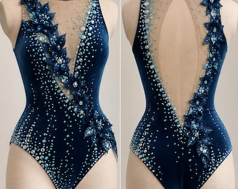Custom Made Girls Rhythmic Gymnastic Leotard Rhinestone, Floral Applique, Fast Shipping