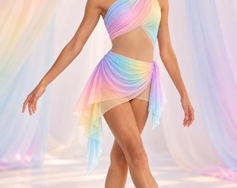 Dance Costume Base – Rainbow Jazz Musical Theatre Figure Skating Competition Stage Performance Outfit - No Rhinestones