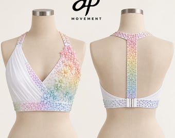 レインボー競技用ソロリリカルダンスコスチューム コンテンポラリーレオタード - トップスのみ、迅速発送