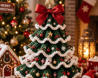 May include: A dark green crocheted Christmas tree with tiered, ruffled white edges. The tree is decorated with small red and gold ornaments, white pearls, and snowflake accents. A large red satin bow and a gold star topper complete the design.