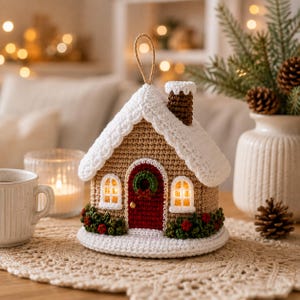 May include: A crocheted gingerbread house ornament featuring a tan structure, a red door with a green wreath, white snow-covered roof, and a brown chimney. The house has two illuminated windows and green shrubbery with red berries at the base.