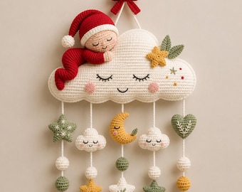 Modèle de mobile bébé nuage au crochet, décoration murale amigurumi bébé endormi (téléchargement PDF)