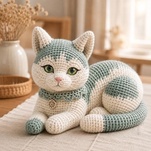 Peut inclure: Une figurine de chat au crochet en fil crème et vert sauge. Le chat a des yeux vert vif, un nez rose et un col festonné avec une petite breloque en métal doré de forme ronde représentant une fleur suspendue au centre.
