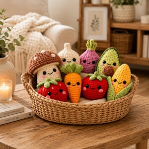 Può includere: Una collezione di piccoli peluche realizzati all'uncinetto a forma di vari frutti e verdure, tra cui un fungo, aglio, cipolla, avocado, fragola, carota, pomodoro e mais, tutti raccolti insieme all'interno di un cesto rotondo in vimini.