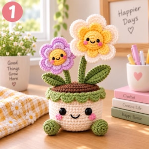 May include: A crochet flower pot with a smiling face, featuring two plush flowers in yellow and purple. The pot is cream-colored with green scalloped trim and small green feet. The flowers have embroidered eyes and pink cheeks, standing upright.