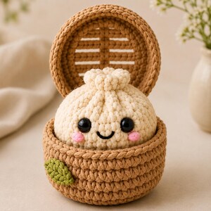Virkad amigurumi-mönster för dumplings, ångkorg för matplysch (PDF-nedladdning)