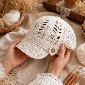 May include: A cream-colored crocheted cap featuring an intricate openwork leaf pattern, a solid brim, and a decorative crocheted flower accent on the side with a small brown wooden button at its center, crafted with fine yarn texture.