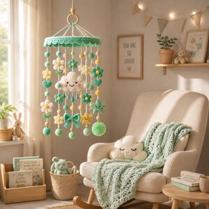 May include: A hanging nursery mobile featuring crocheted elements in shades of mint green, white, and yellow. The mobile includes a central smiling cloud, various flowers, stars, hearts, a bow, and pom-poms suspended from a circular frame.