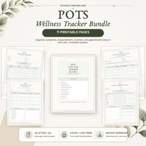 May include: A POTS Wellness Tracker Bundle featuring 11 printable pages. The document set includes a symptom tracker, orthostatic heart rate log, hydration and daily factors log, and doctor appointment prep sheets in a clean, organized layout.