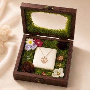 Op de afbeelding: Een donkerhouten juwelendoos met een scharnierend deksel en een metalen sluiting. De binnenkant is bekleed met groen mos, kunstbloemen en een dennenappel. Een wit fluwelen kussen in het midden bevat een hartvormige hanger aan een ketting.