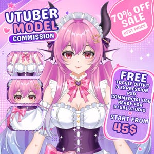 Op de afbeelding: Een digitale illustratie van een anime-personage met roze haar en hoorns, gekleed in een wit en paars outfit met een strik. Tekst bevat UTUBER MODEL COMMISSION, 70% OFF SALE, BEST PRICE, FREE TOGGLE OUTFIT, 3 EXPRESSION, PSD, COMMERCIAL USE, READY FOR UTUBE STUDIO, START FROM 45$.