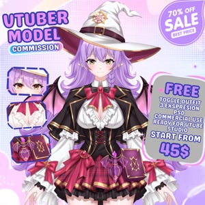 Op de afbeelding: Een digitale illustratie van een personage met lang lavendelkleurig haar, een witte heksenhoed, een zwart-witte outfit met rode accenten en vleermuisvleugels. De tekst bevat UTUBER MODEL COMMISSION, FREE TOGGLE OUTFIT 3 EXSPRESION PSD en 45$.