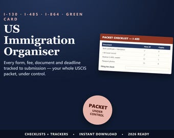 US Immigration Organiser 2026 | I-130 I-485 I-864 Checklist | USCIS Packet Guide Green Card Printable