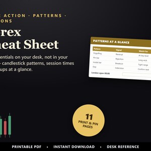 Peut inclure: Un guide de référence Forex Cheat Sheet sur fond noir avec du texte blanc et doré. Il comprend un tableau intitulé Patterns at a Glance, un graphique en chandeliers et un cercle doré indiquant 11 Print & Pin Pages pour le trading.