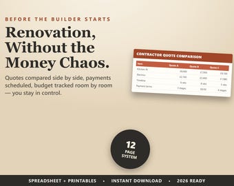 Home Renovation Budget Tracker 2026 | Contractor Quote Comparison | Payment Schedule Printable, Instant Download