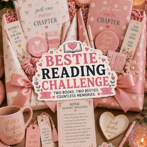 May include: A pink-themed gift set featuring two books titled Just One More Chapter, a Bestie Reading Challenge sign, a mug with Books Besties & Good Vibes text, bookmarks, pens, sticky notes, a heart-shaped dish, and a reading challenge checklist.