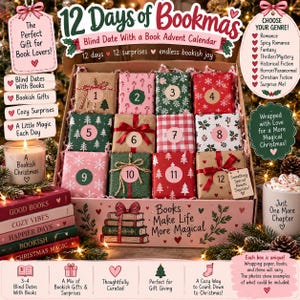 May include: A 12 Days of Bookmas advent calendar box containing twelve individually wrapped gifts numbered 1 through 12. The box features the text Books Make Life More Magical and includes various holiday-themed wrapping papers and ribbons.